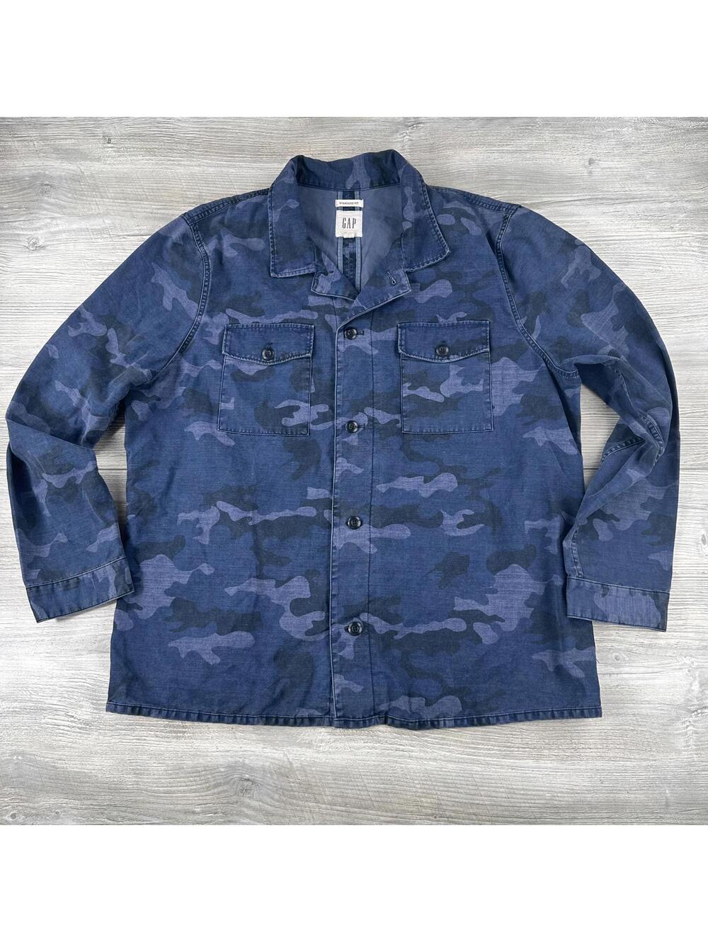 VTG Gap Jacket Shirt Mens XL Blue Woodland Camo Chore Barn Canvas Fatigue Retro - Picture 1 of 6